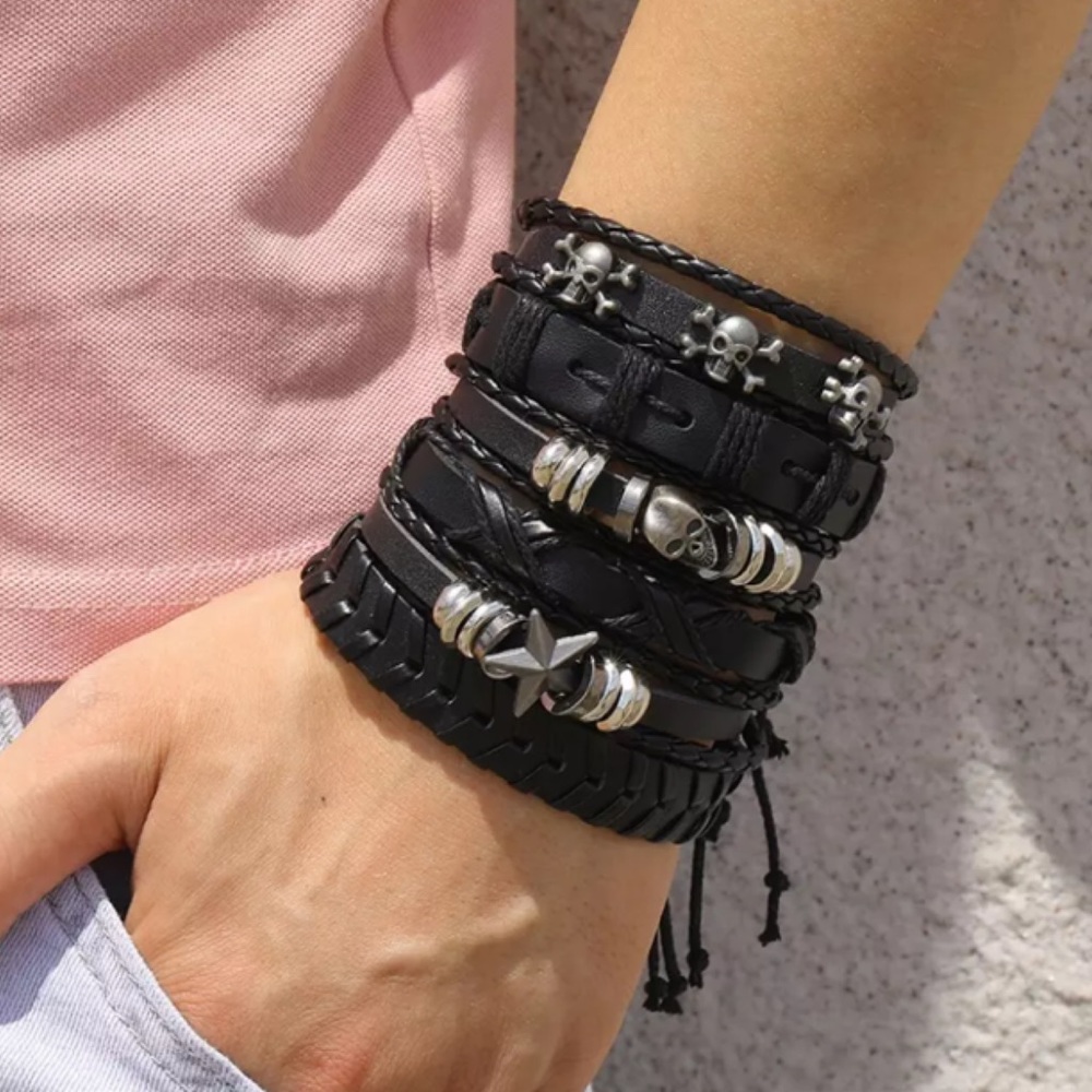 6 Pcs Set Punk Rock Skull Braided Leather Rope Bracelets - Picture 1 of 15
